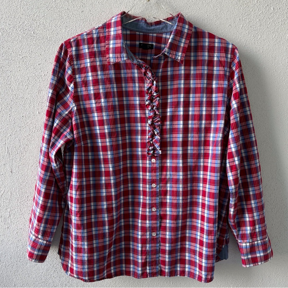 Talbots Ruffle Plaid Button Down Shirt Long Sleeve Size 18WP Cotton Red Blue